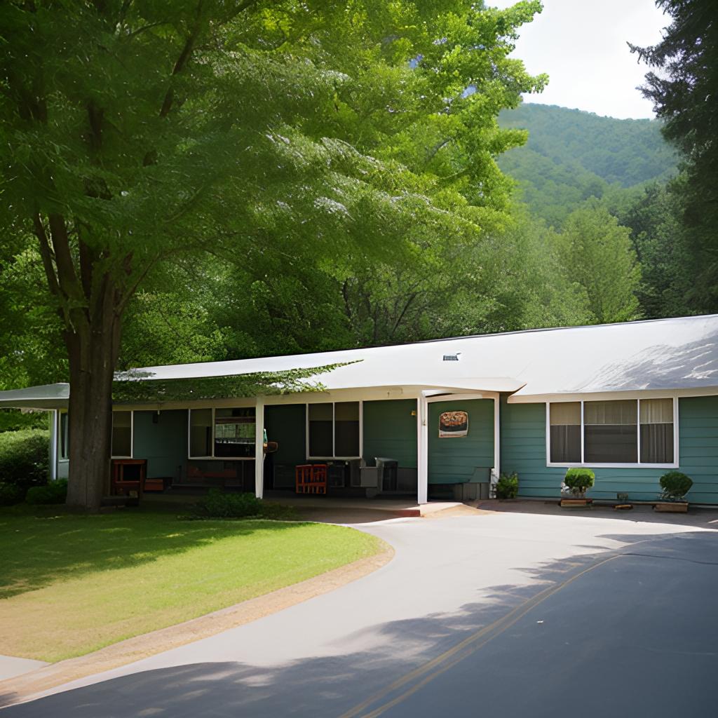 The image is a still shot of Mountain View Motel in Boyce, Virginia, featuring a picturesque scene with green surroundings, Blue Ridge Mountains, red-roofed cottages, parked cars, and signs, all conveying a serene atmosphere for weary travelers.