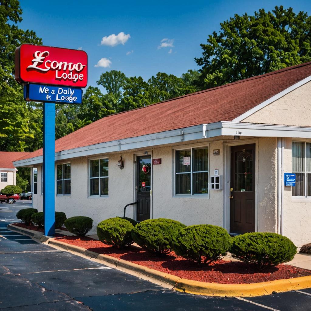 This image features Econo Lodge at 7411 New Hampshire Avenue in Takoma Park, Maryland - a one-story motel with a red roof and white exterior, where several parked cars suggest activity; the sign prominently displays 