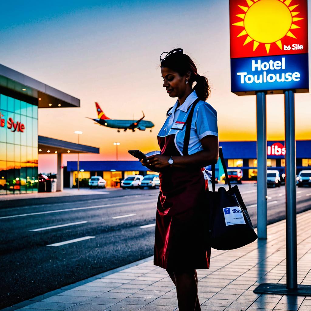 A weary maid worker, dressed in uniform, consults her mobile phone outside Ibis Style Toulouse Blagnac Aeroport, with a map displaying affordable lodging alternatives nearby as the sun sets behind the motel sign.