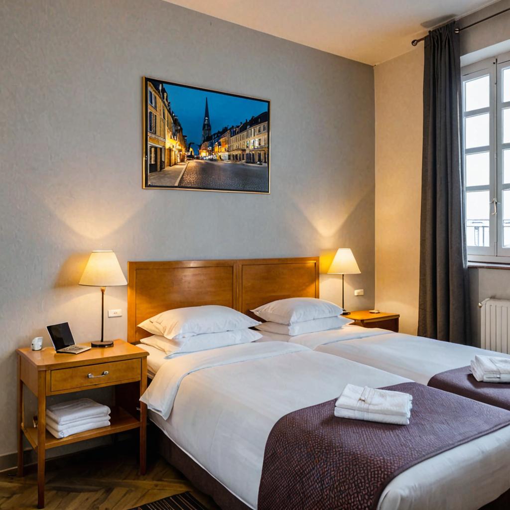 The image portrays a warm and economical Room at Hotel Vent D'Ouest, featuring a comfortable double bed, tidy writing desk, mounted TV, and private bathroom, with a nearby tourist guide promoting budget accommodations in Le Havre.