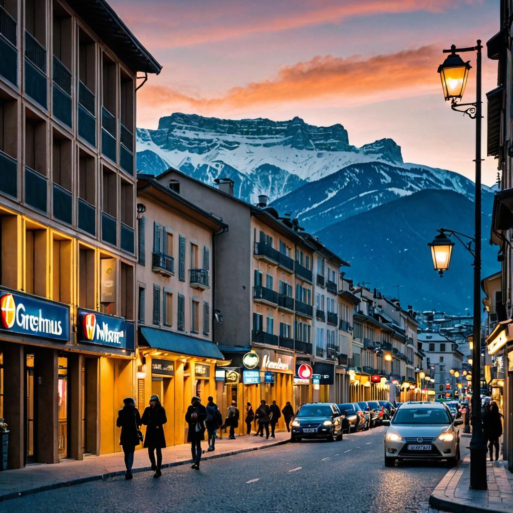 Amidst a bustling Grenoble city street with the Alps towering in the backdrop, a Best Western Hotel Terminus sign stands out, attracting two planning travelers as they prepare for their adventure, surrounded by a lively scene of daily life and diverse lodging options including motels.