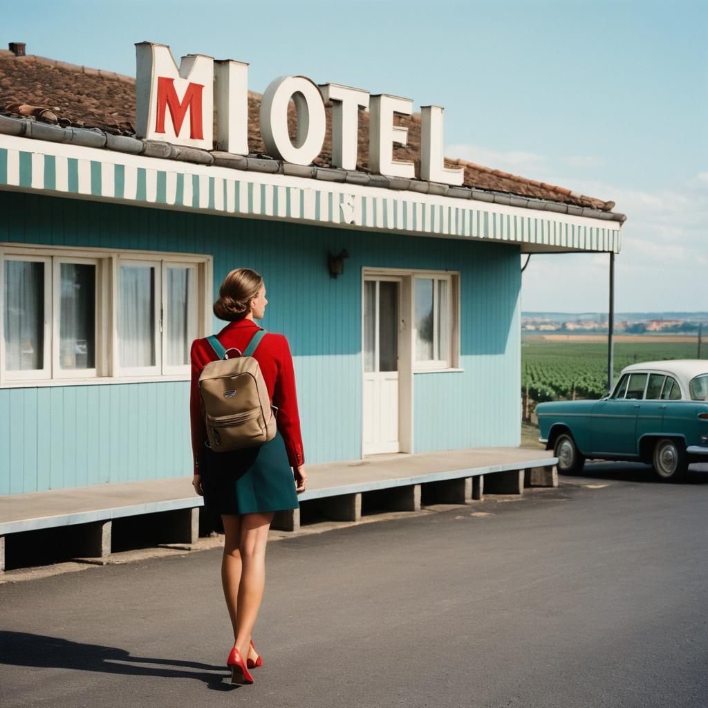 Audrey Bryan stands outside an old, budget-friendly motel in Bordeaux, France, with a contemplative expression, holding a backpack as other travelers pass by; the city skyline, vineyards, and Gothic architecture of Bordeaux peek through the background, hinting at her personal journey and decision-making process.
