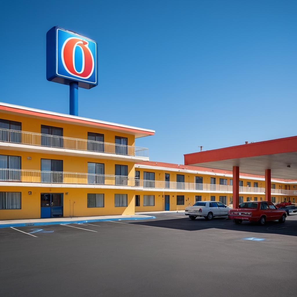 The image showcases Motel 6's budget-friendly atmosphere in Fresno, with guests and parked cars at the entrance beneath a vibrant yellow and red sign against a blue sky.