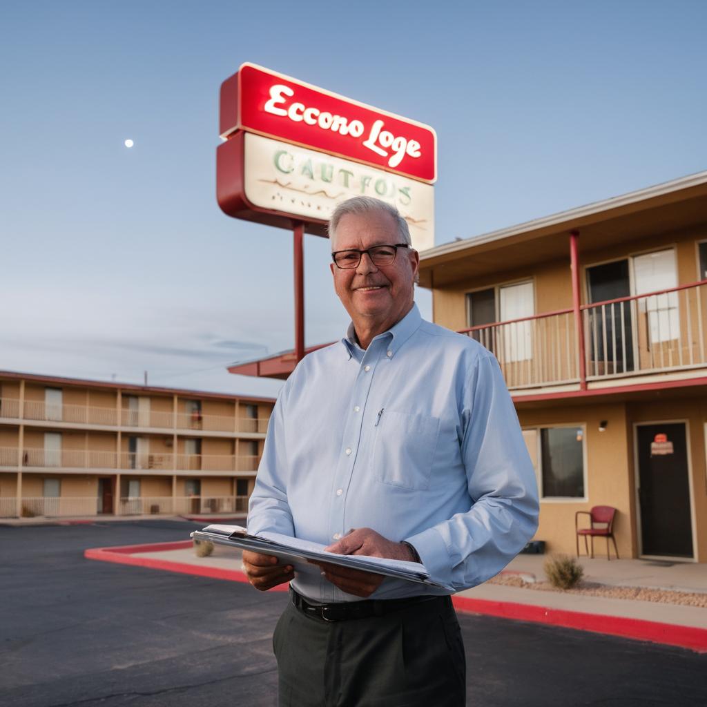 A man named Raymond Curtis stands before Lubbock's Econo Lodge I-27, dressed casually with a clipboard, amidst other budget motels like Travelers Inn and Executive Inn; the overcast sky contrasts with the softly glowing signage promising affordable overnight stays.