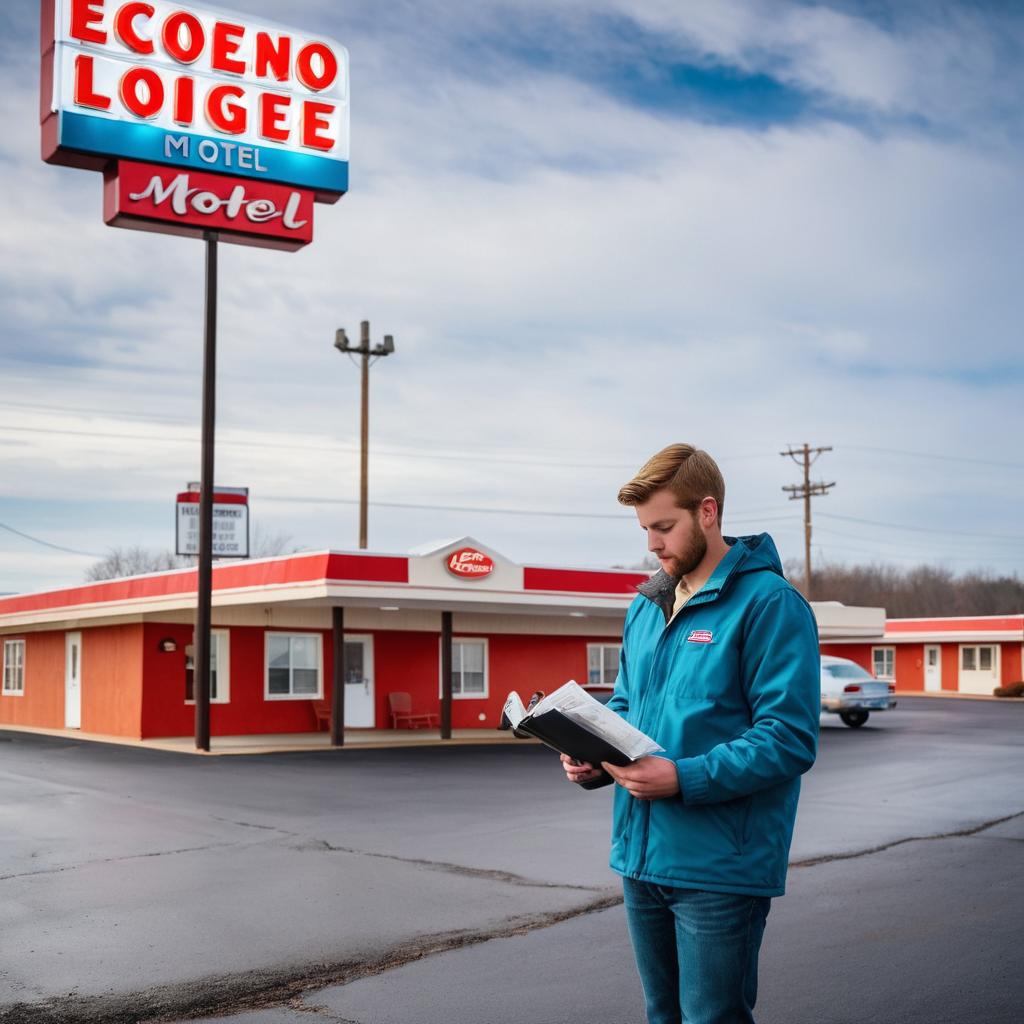 A budget traveler, Kaden Sawyer, consults his guidebook at Hopewell's Econo Lodge Motel, highlighting its affordability against the city skyline backdrop, catering to tourists with lower income.