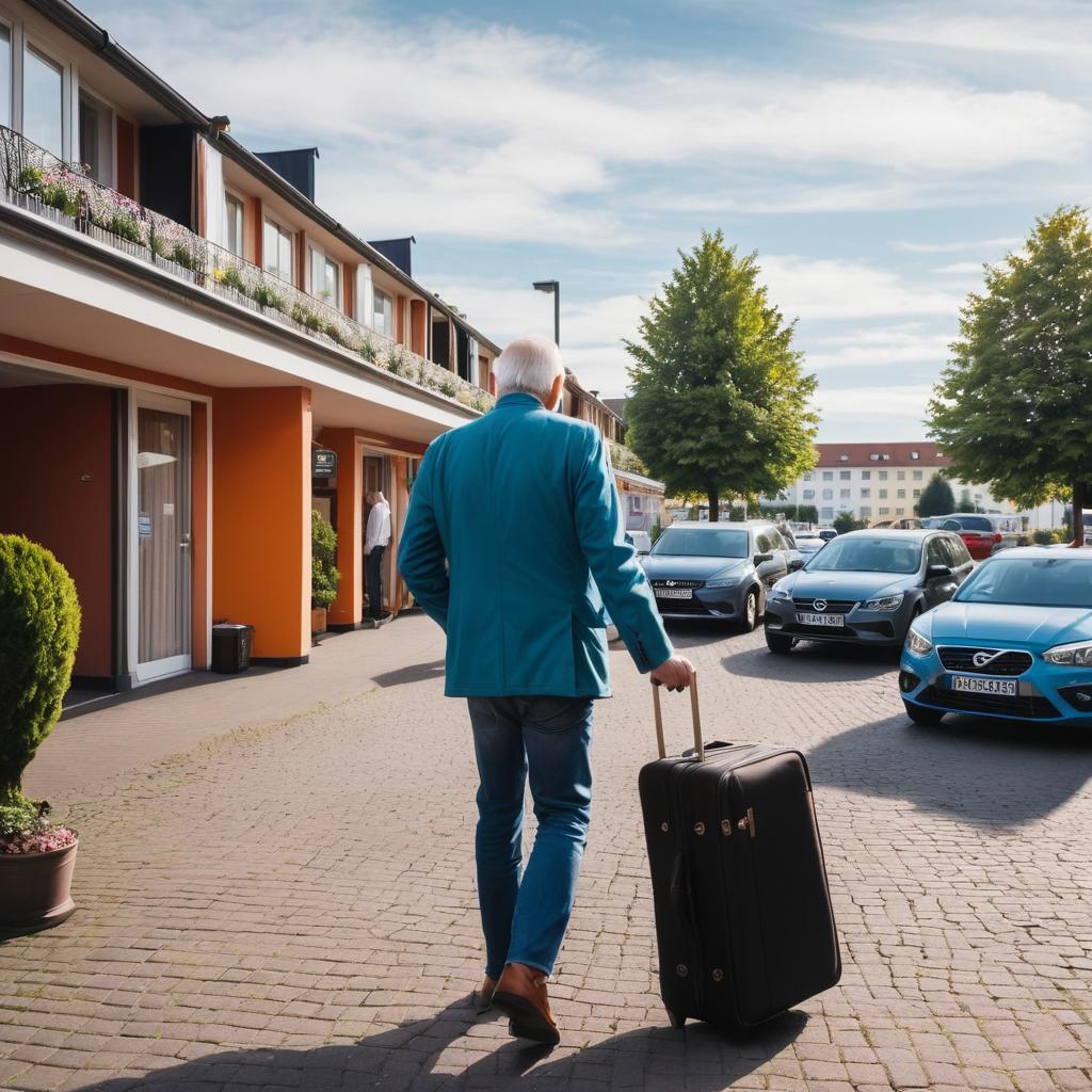 A traveler ponders his budget-conscious decision at Hotel Stadt Bremen Garni in Bremen, Germany, surrounded by an unassuming entrance, parked cars, and exiting elderly couple, while the bustling street filled with shops and restaurants underscores the vibrant contrast to the affordable accommodation.