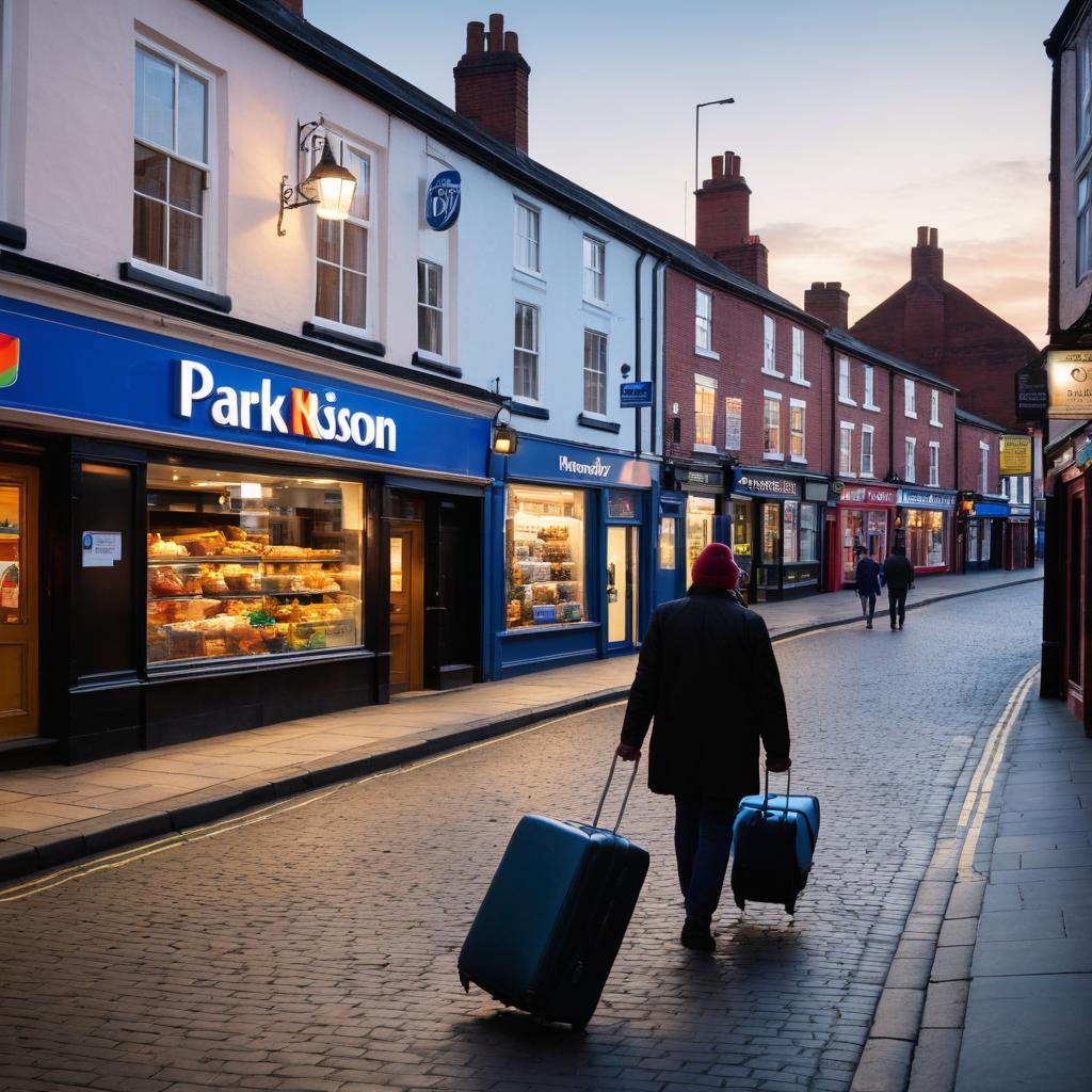 A lively Dudley street scene in the UK showcases numerous affordable accommodations including Park Inn by Radisson Birmingham WalSall, Travelodge Birmingham Dudley, Days Inn Telford Ironbridge M54, and more, with visitors carrying luggage amidst local shops selling souvenirs and food.