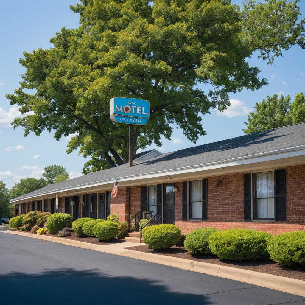 The Towne Motel Alexandria at 808 N Washington St, Alexandria, VA features a budget-friendly single-story building with several rooms, a sign, parked cars, and lush foliage, set against a clear blue sky in Manassas Park.
