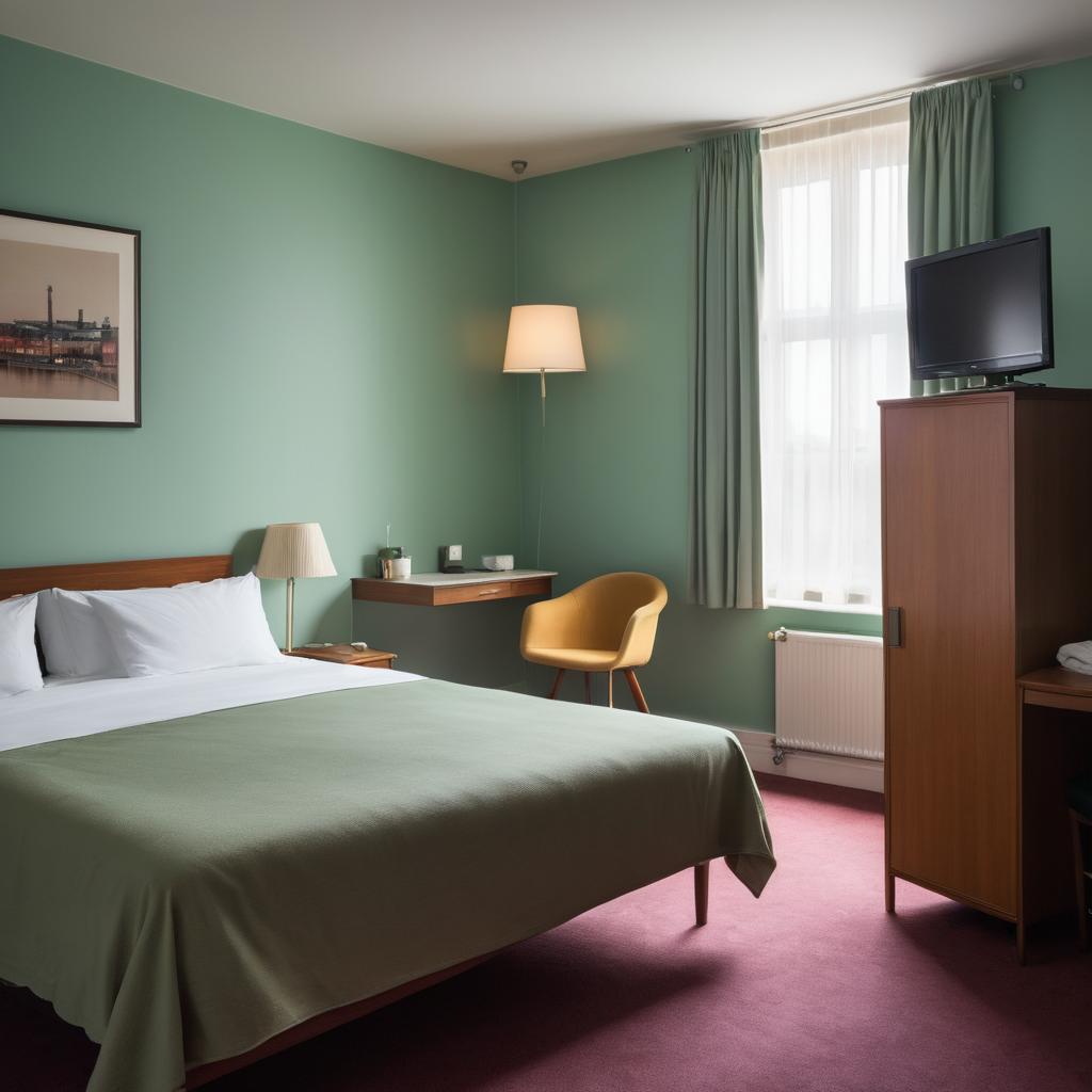 This image depicts a cozy, affordable motel room in Birmingham UK with a warm pastel color scheme, featuring a comfortable bed, simple table and chair, and a clean bathroom - often sought after by budget-conscious travelers, while also hinting at local urban legends of secret CIA or FBI locations.