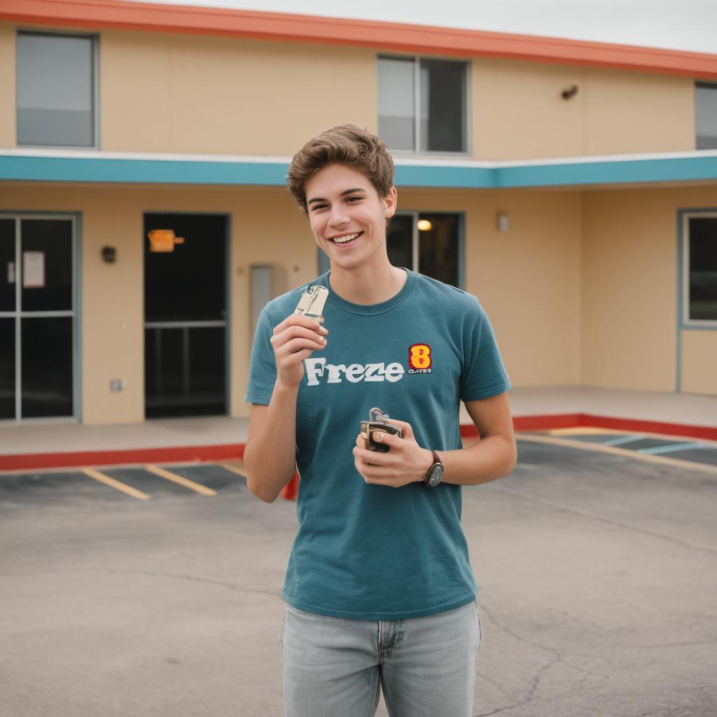 A student exits Super 8 Austin/Round Rock with relief, clutching motel keys and gazing approvingly at the budget-friendly lodging in Round Rock, TX, noted for its tidy quarters and essential facilities catering to economical students.