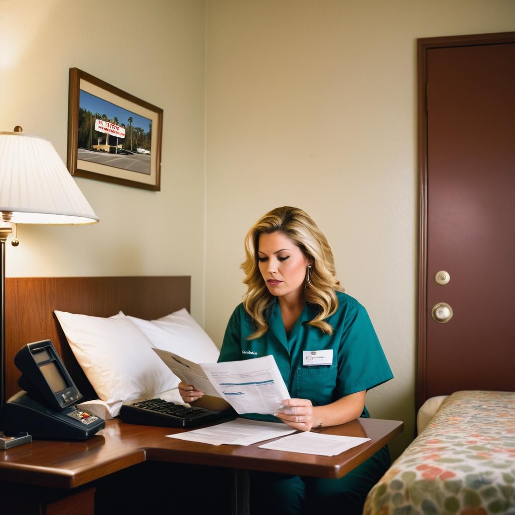 Callie Walker, perplexed and browsing a booklet or laptop on a West Coast Motel bed in Santa Ana, seeks an affordable lodging solution with hesitance yet determination amidst sewer work and busy street views, while the sign reads 'West Coast Motel: Affordable and Convenient.'