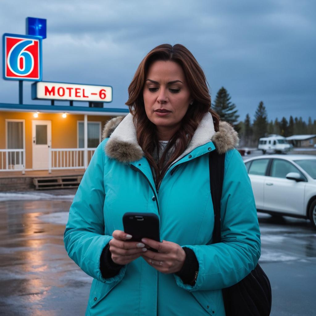 A woman named Delilaah Duffy hesitates at Motel 6's entrance in Grand Prairie, her smartphone in hand and gazing at its screen uncertainly as a fellow traveler checks-in inside, surrounded by piled luggage; an impending rainstorm looms overhead.