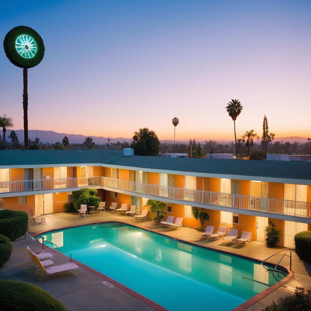A tranquil image of the Waagon Wheel Motel in Santa Ana captures its neat facade, alluring outdoor pool surrounded by verdant foliage, helpful staff checking-in guests, city skyline, and Segerstrom Center for the Arts backdrop, as contented patrons relish a free breakfast and unwind by the pool.