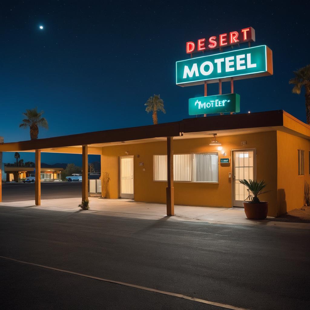 A worn Desert Inn Motel sign illuminates against a starry night, welcoming a weary traveler to check in at the cozy yet affordable front desk amidst scattered cars and dimly lit surroundings.
