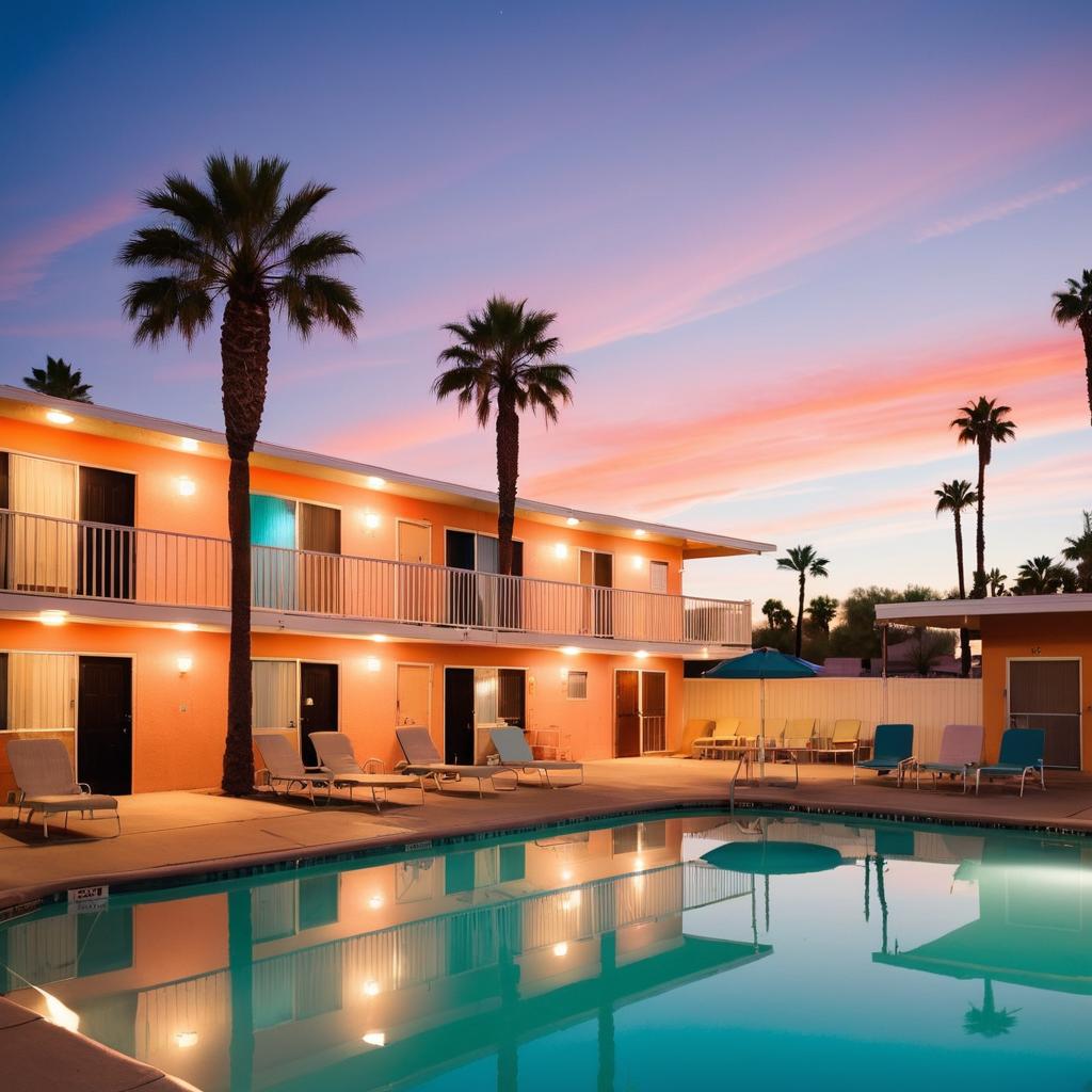 The image portrays a two-story motel in Gilbert, Arizona with palm trees, a setting sun casting an orange-pink glow, a neon 
