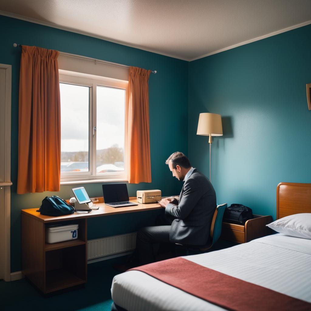 A traveler sits at a laptop in a cluttered, budget ABC Motel room in Coventry, UK, with luggage and personal items scattered about, while gazing out the window at the motel sign, displaying signs of stress.
