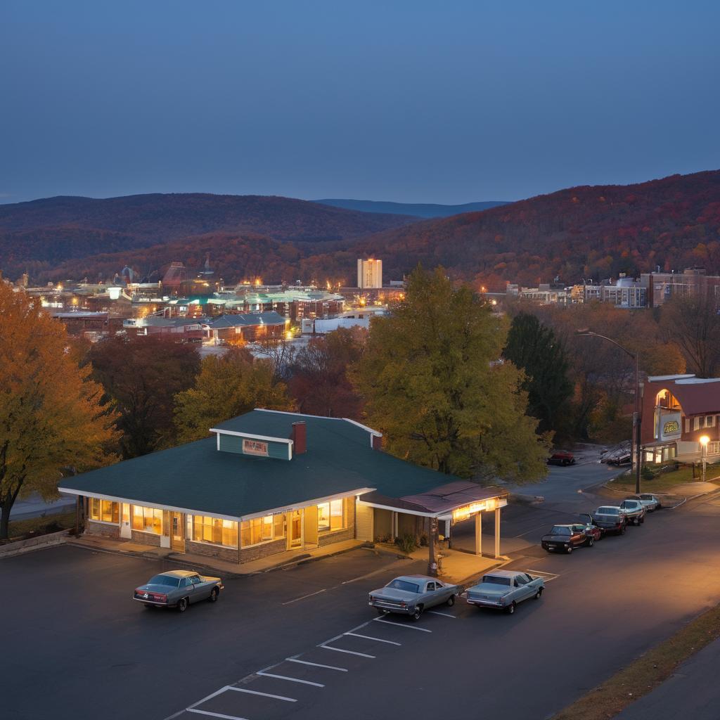 At dusk, Quality Inn and Valley Motels are framed against Waterbury's serene cityscape backdrop as a lone visitor strolls along the sidewalk with luggage, amidst golden sunlit trees and iconic landmarks in the distance.