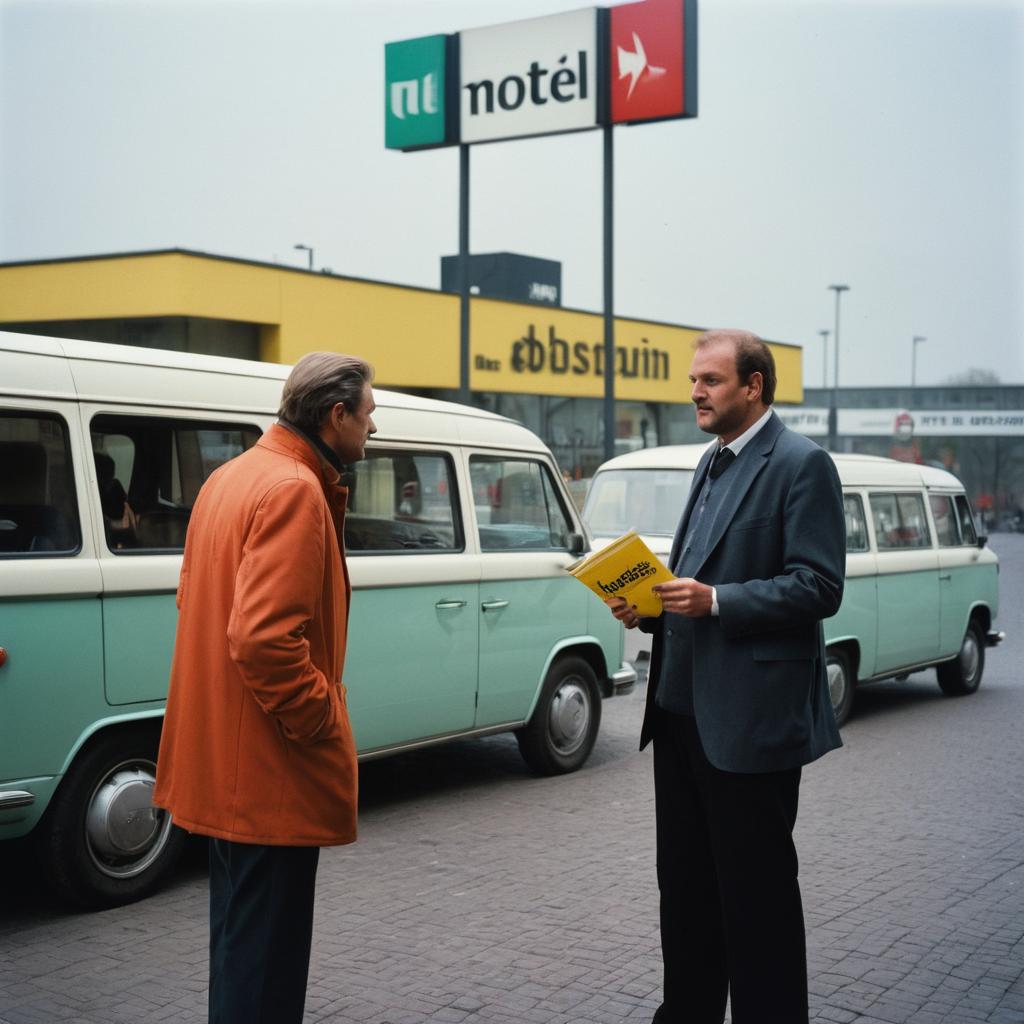 A man ponders his budgetary accommodation choice between Park Inn By Radisson Dortmund and Hotel NH Dortmund, surrounded by diverse travelers and backed by an urban scene teeming with motel and hotel advertisements in Dortmund.