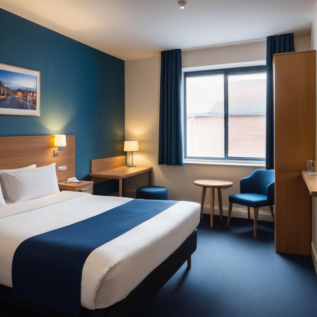 A Travelodge room on Birmingham Streetly in Wolverhampton features a tidy single space with a bed and bathroom; outside, city life thrives while inside, a couple contemplates their budget accommodation choices with a receptionist.