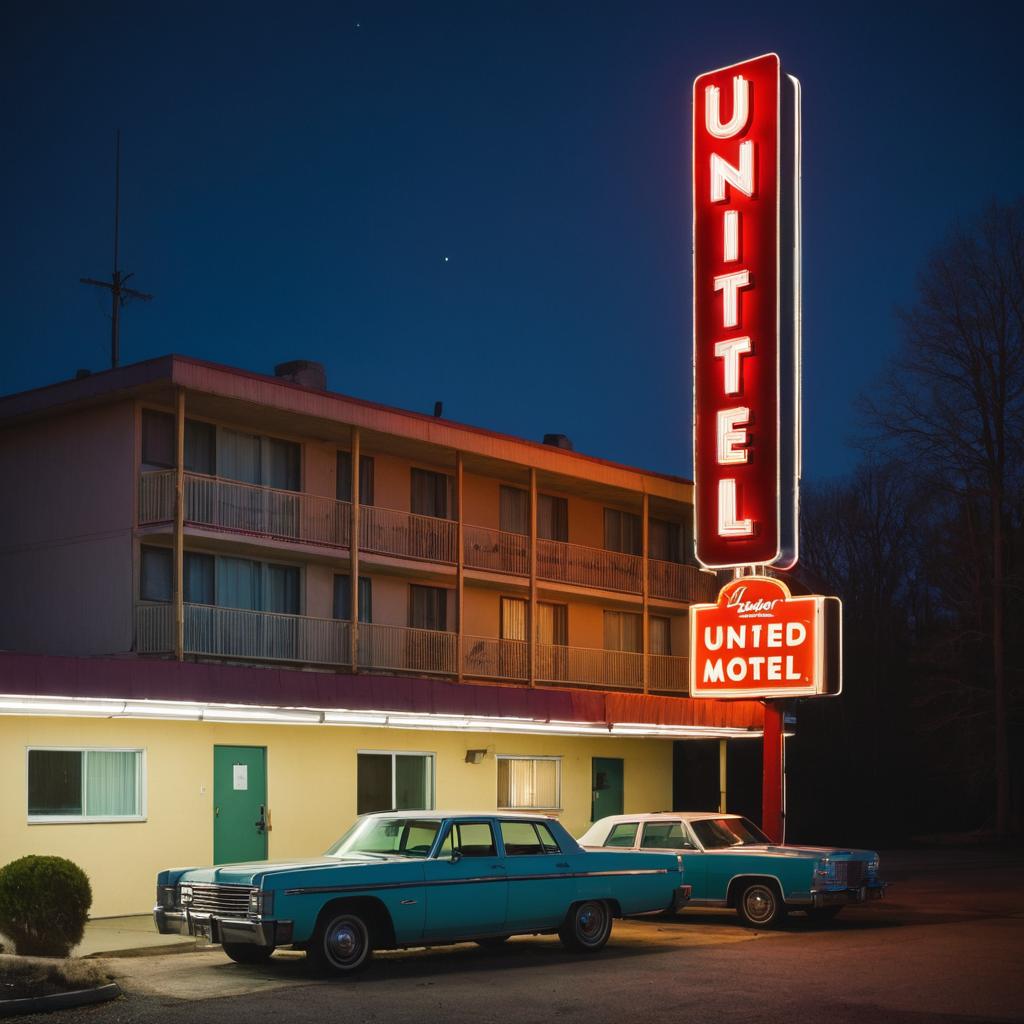 At United Motel LanSING in Hobart, an old, budget-friendly motel with a worn exterior, glowing neon sign, and few visible rooms offers affordable accommodations for travelers and locals alike.