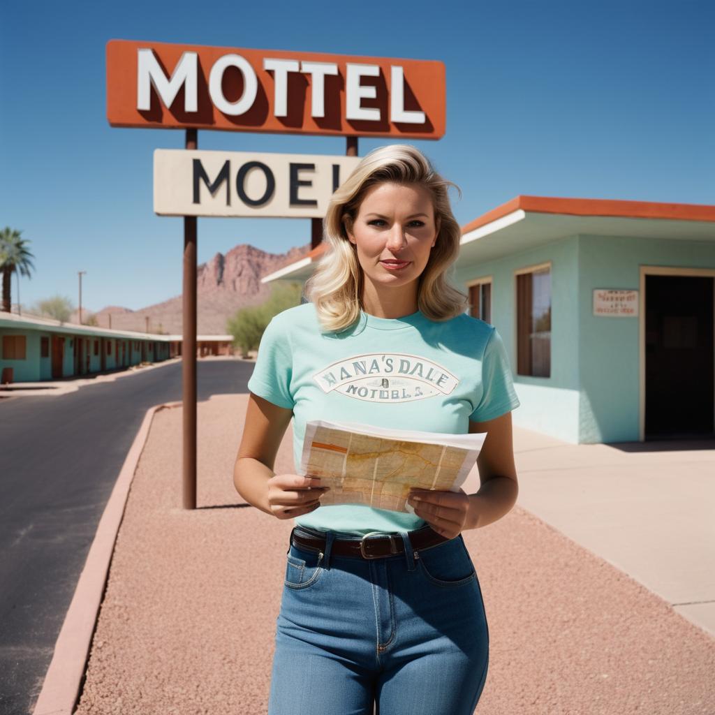 Anna Hunt stands before Scottsdale's Navajo Motel, in jeans and a t-shirt, clutching a map, as the 