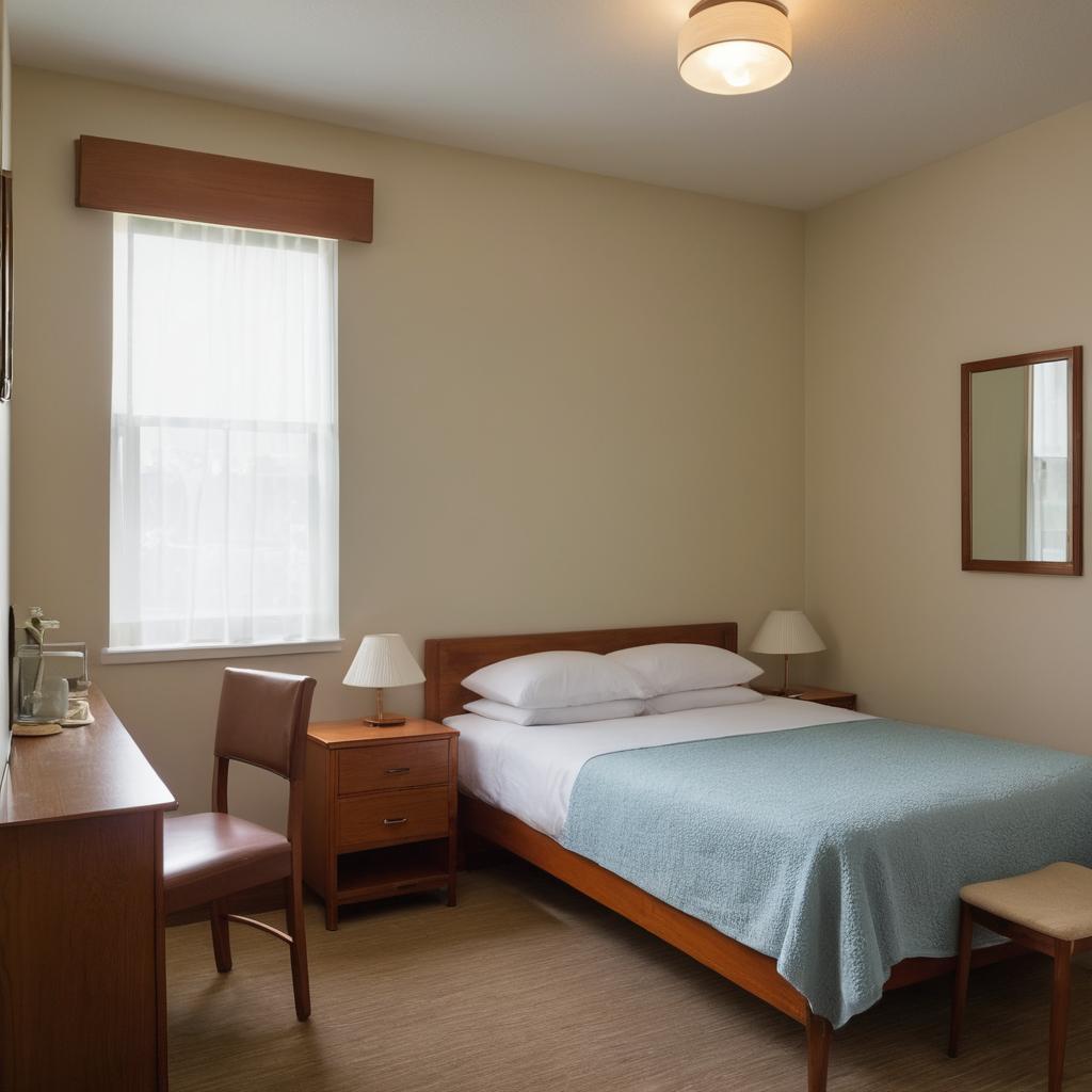 The image portrays a functional, neutral-toned motel room in Dover, Delaware, featuring a clean single bed with Wi-Fi, cable TV, and air conditioning; a basic yet clean bathroom; and essential amenities like a table, chair, and simple artwork.