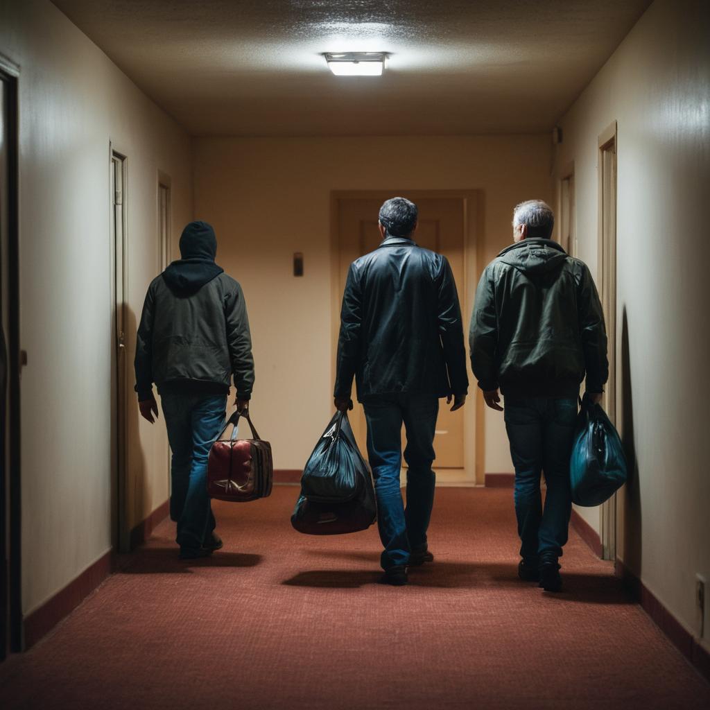 Two men in casual attire, carrying duffel bags and scrutinizing room numbers in a dimly lit, moody Vallejo motel hallway, surrounded by partially open doors revealing unmade beds.