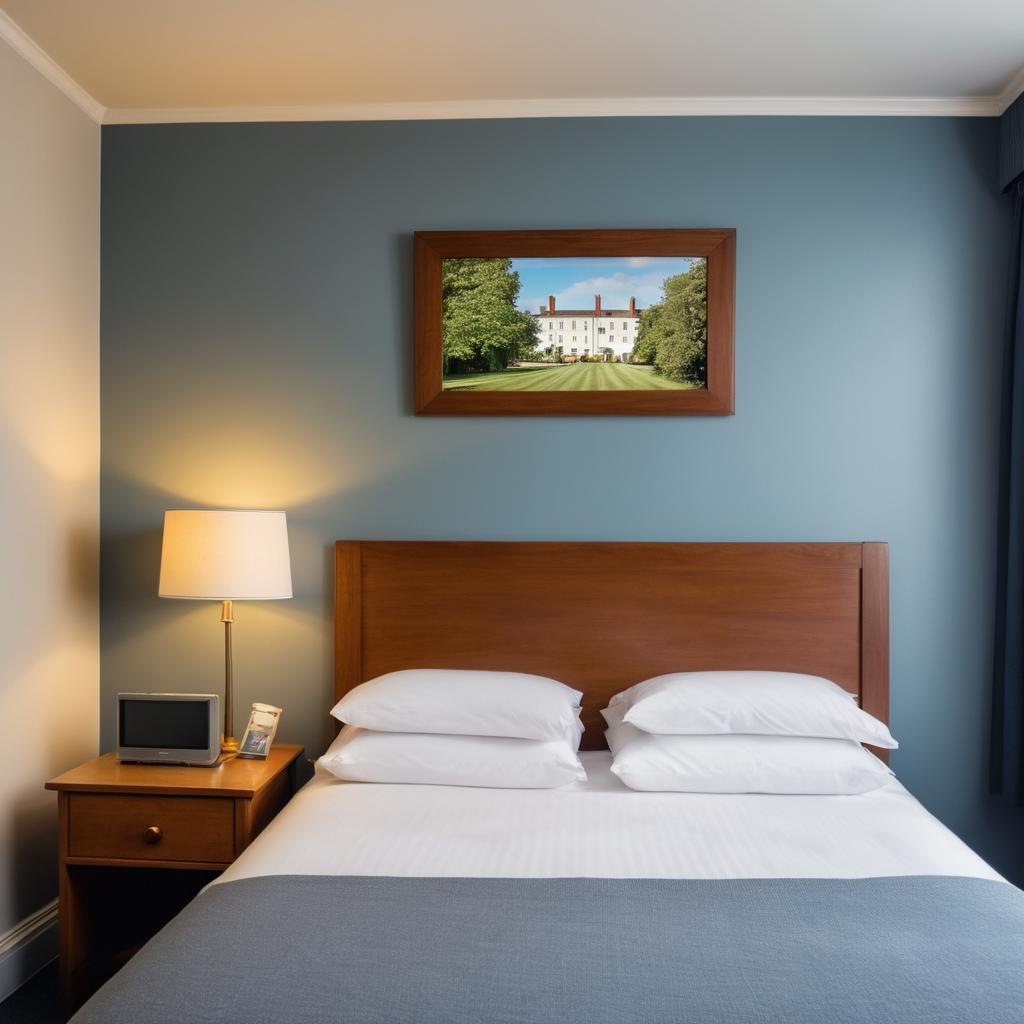 A tranquil motel room in Salisbury UK features a made-up double bed, TV, desk with laptop, small bathroom, city landmark photos, garden view window, and warm nightstand lamp, promising a comfortable English getaway.