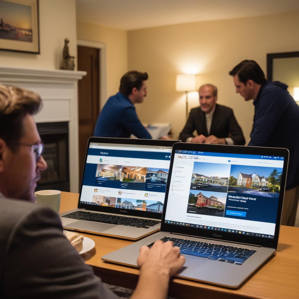 Travelers huddled around a laptop, discussing and comparing Colonial Heights accommodations - motels, inns, and hotels - with printed reviews from Sleep Inn & Suite at Fort Lee, Hampton Inn Petersburg-Southpark Mall, Comfort Inn South Chesterfield - Colonial Heights, and Days Inn by Wyndham Petersburg/South Fort Lee, set against a blurred cityscape view of Colonial Heights.