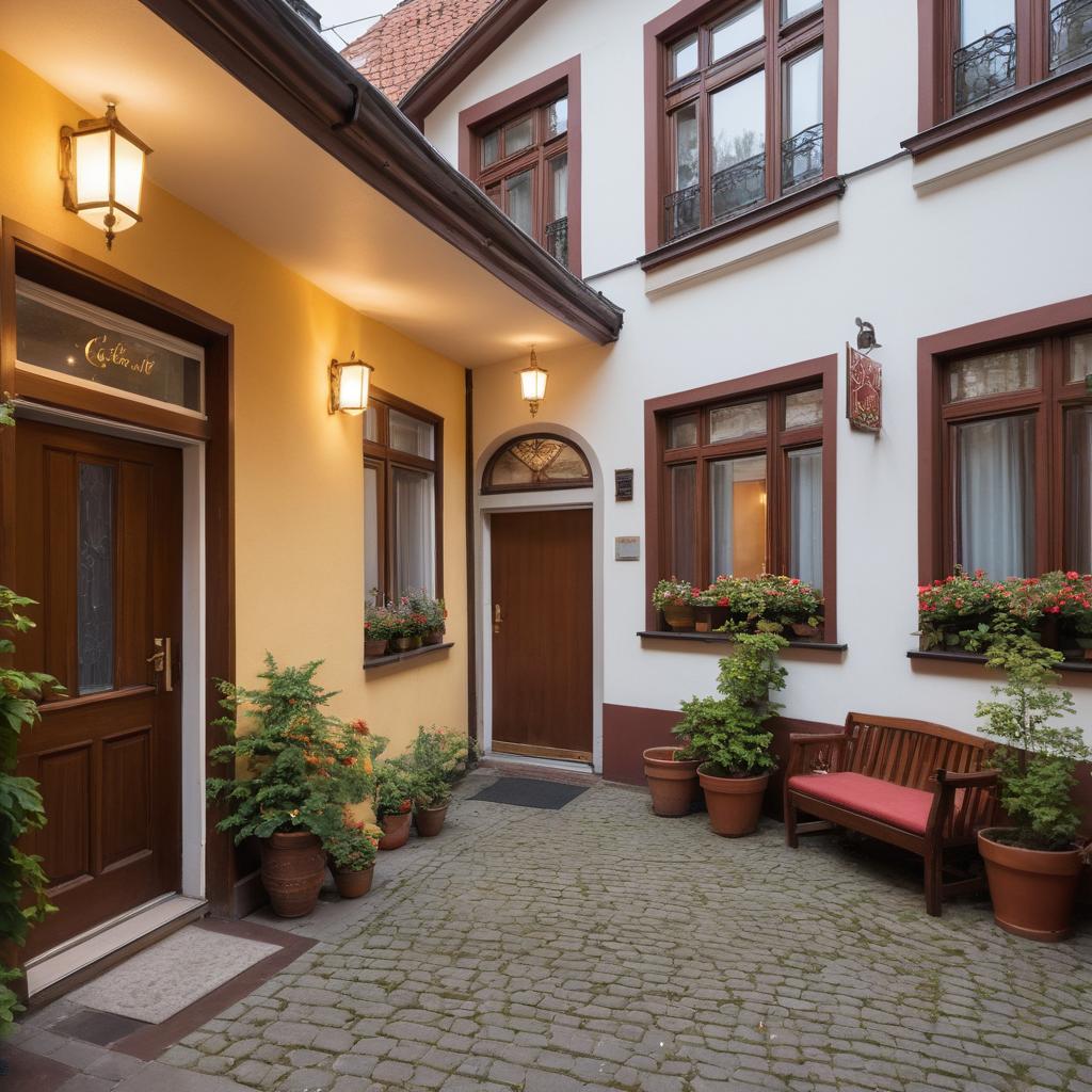 In the heart of Braunschweig's old town, this 18th-century motel offers a charming stay with cobblestone paths, flower gardens, and warm yellow lights at 