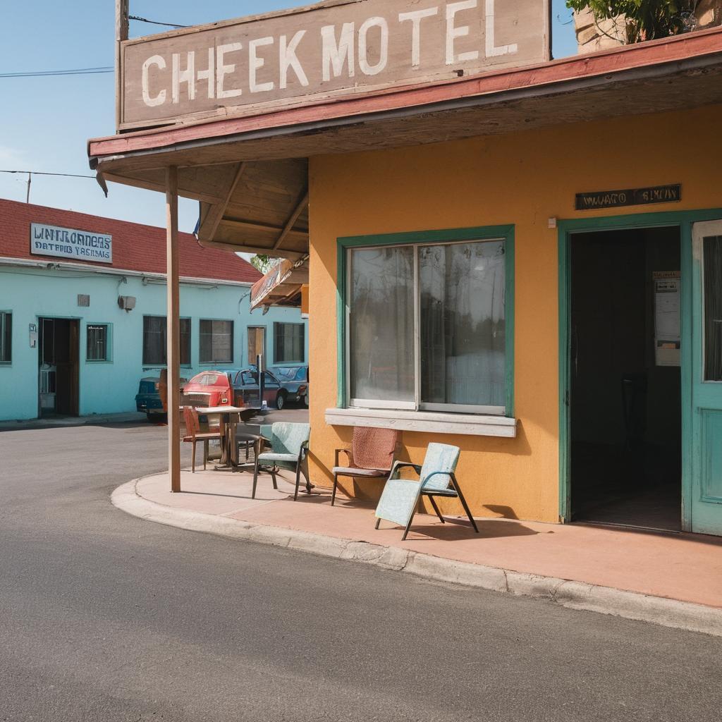 A worn-down check-in desk at Antioch Executive Inn, a budget motel bustling with blue-collar workers, features an employee assisting a guest while a worn sign advertises affordable rates amidst a busy street scene and limited seating.