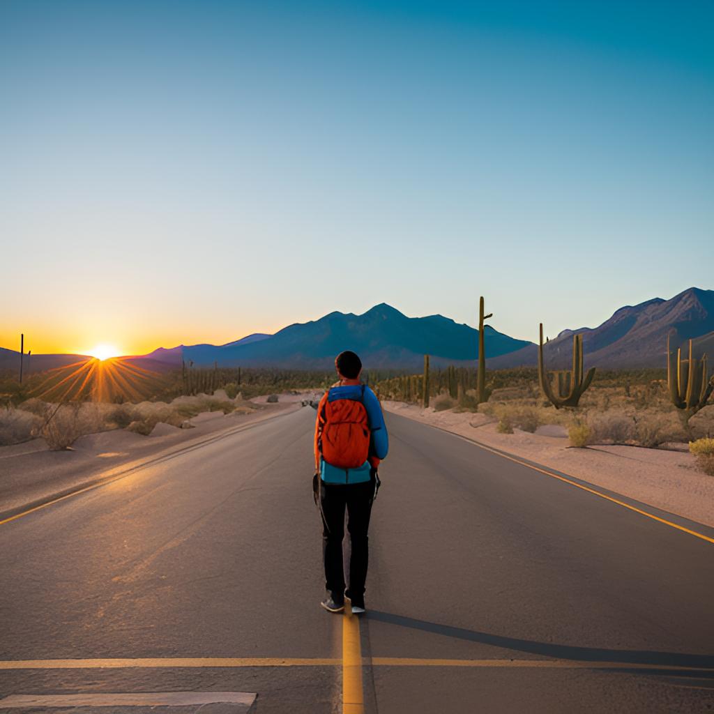 A traveler stands amidst cacti and desert landscape in Tucson, Arizona, deliberating budget accommodations - Motel, Hotel, Camping, Couchsurfing, Parks, Hostels - as the sun sets, casting an orange glow, in a photograph embodying the city's natural beauty.